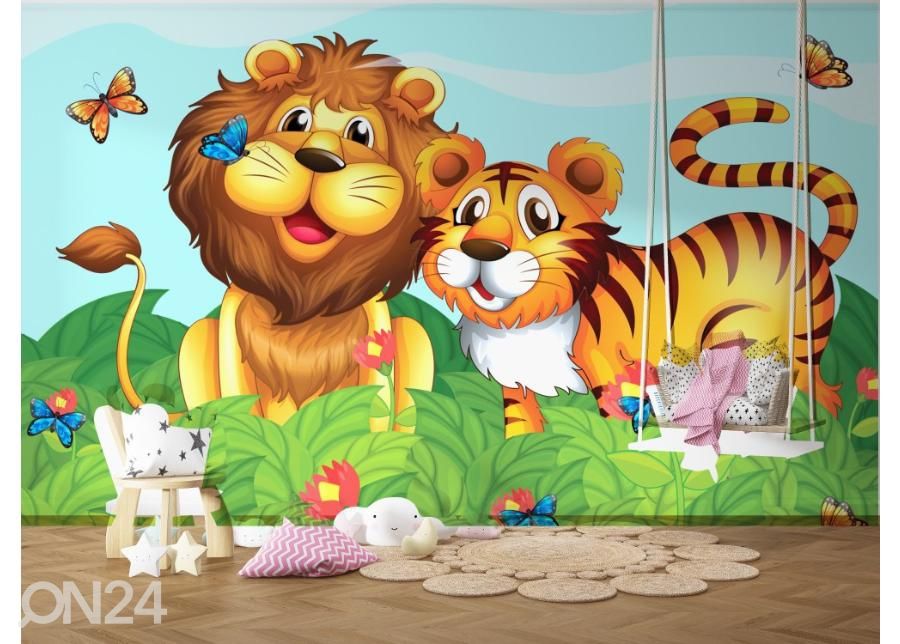 Kuvatapetti Lion, tiger and the butterflies in the garden 416x290 cm kuvasuurennos