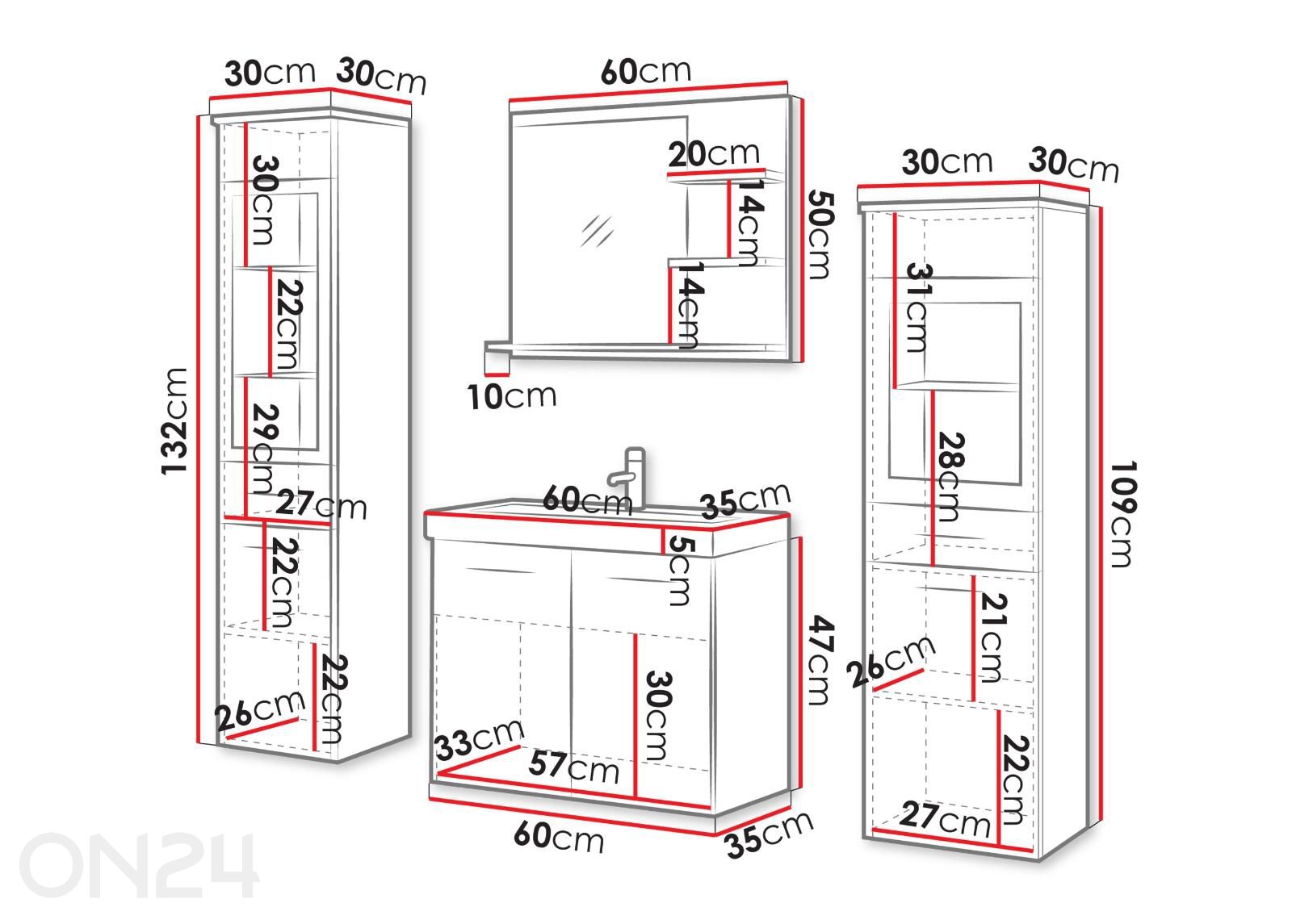 Kylpyhuoneen kokonaisuus Madrit I + LED kuvasuurennos mitat