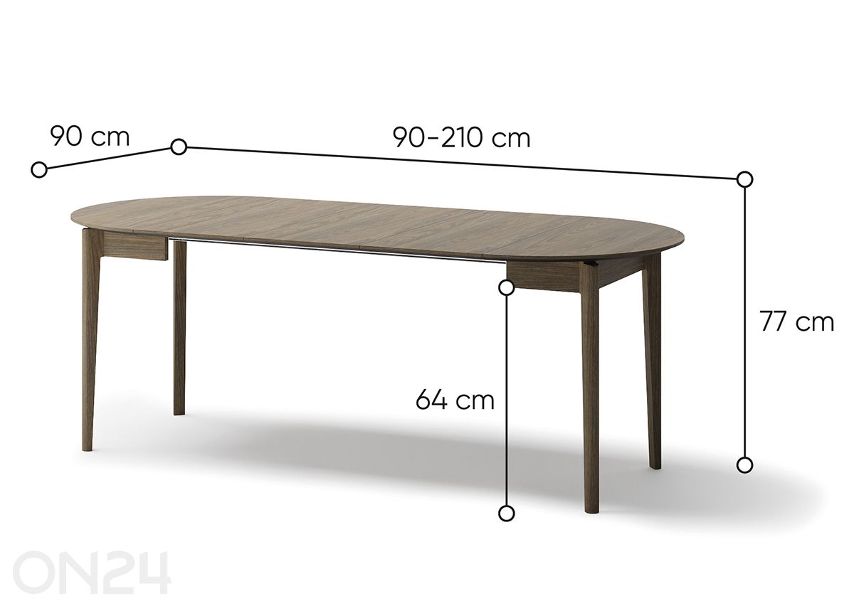 Laajennettava ruokapöytä Plot Ø 90x90/210 cm kuvasuurennos mitat