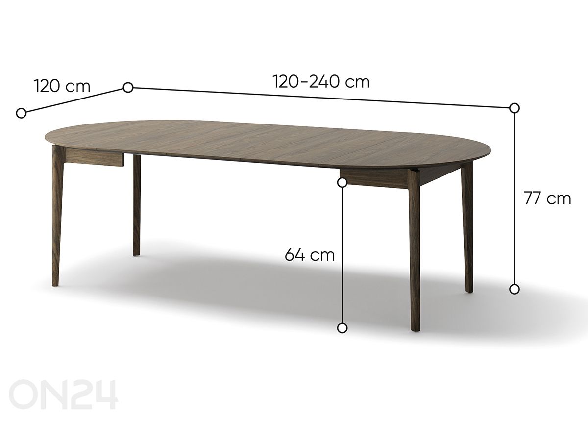 Laajennettava ruokapöytä Plot Ø120x120/240 cm kuvasuurennos mitat