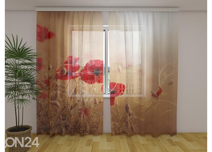 Läpinäkyvä kuvaverho Red Poppies in Golden Wheat 240x220 cm kuvasuurennos