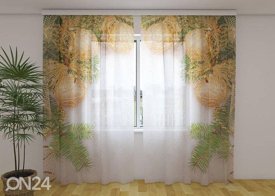 Läpinäkyvä verho Golden Xmas Bows 1 240x220 cm kuvasuurennos