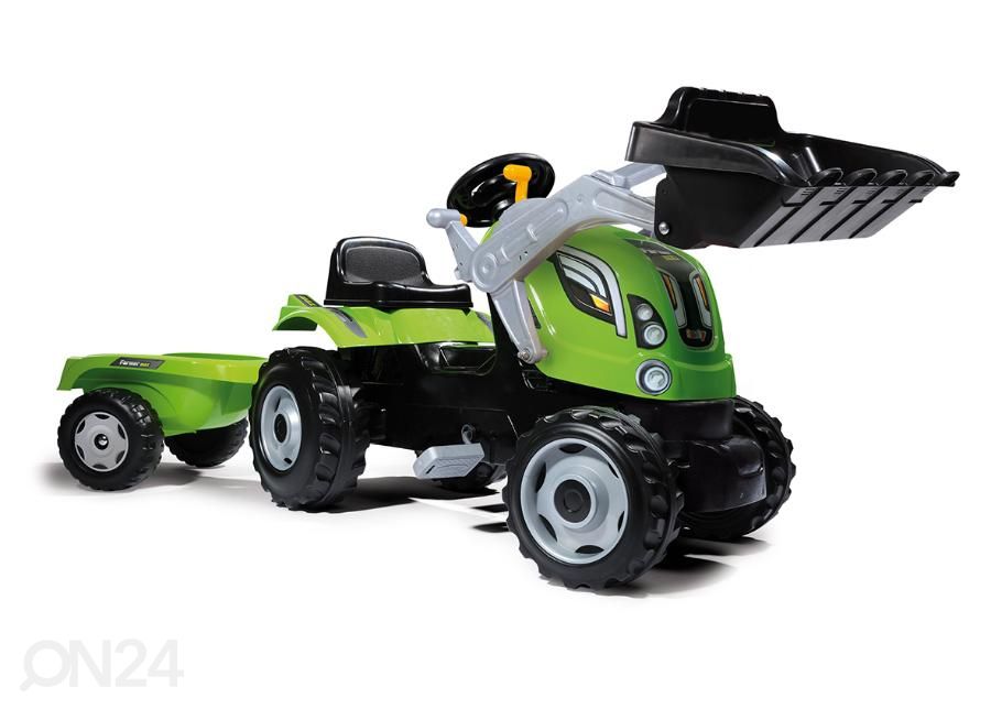 Lasten traktori polkimilla Farmer MAX peräkärryllä ja Smoby-kauhalla kuvasuurennos