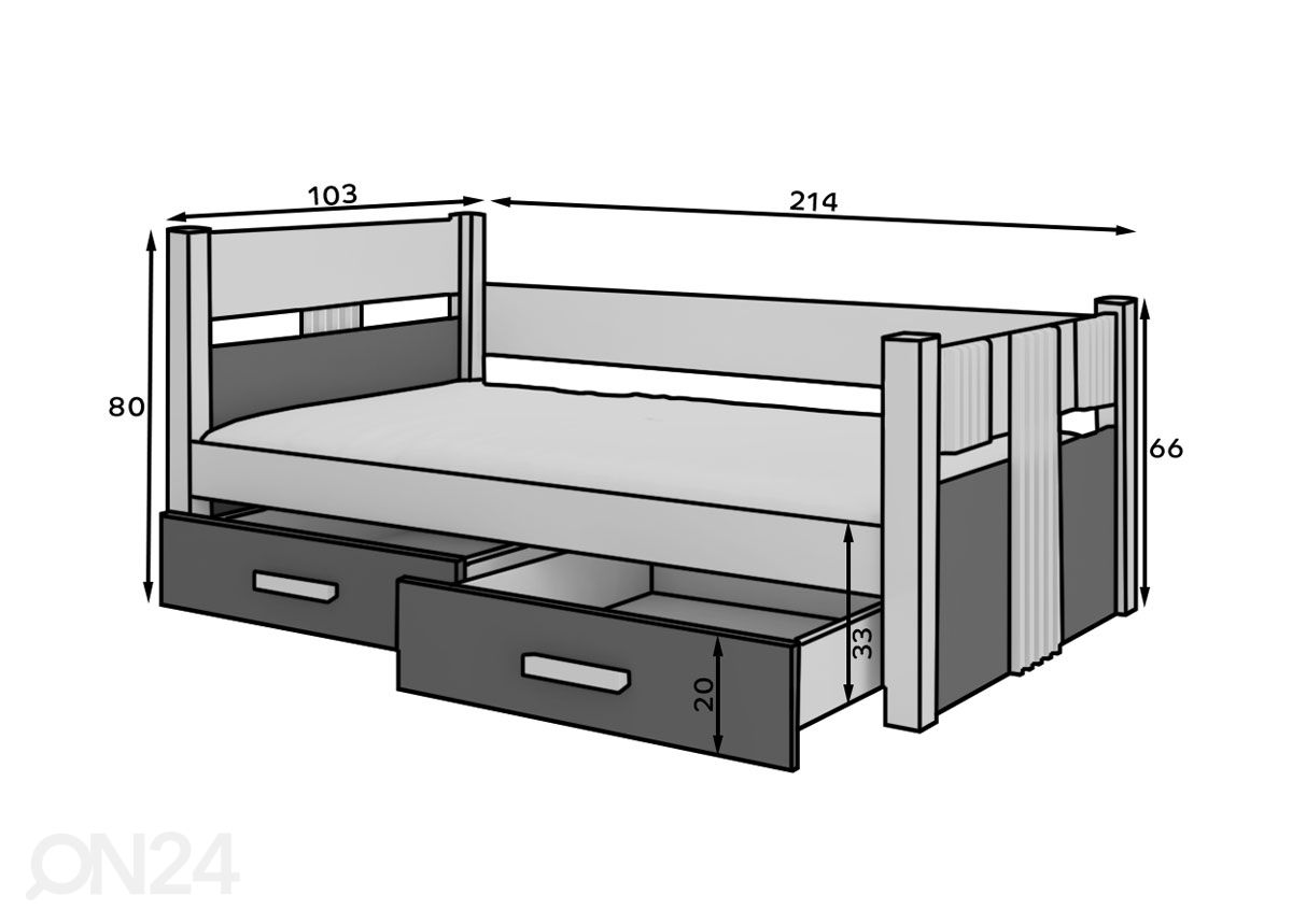 Lastensänky ja patja Topeka I 90x200 cm kuvasuurennos mitat