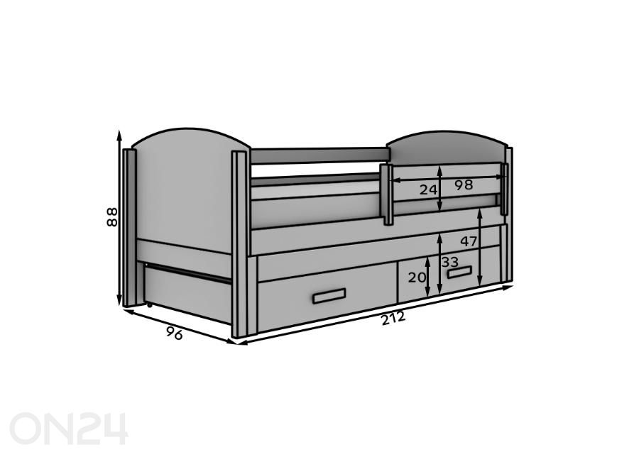 Lastensänky OLEN vedettävällä lisävuoteella, koko 90x200 cm kuvasuurennos mitat