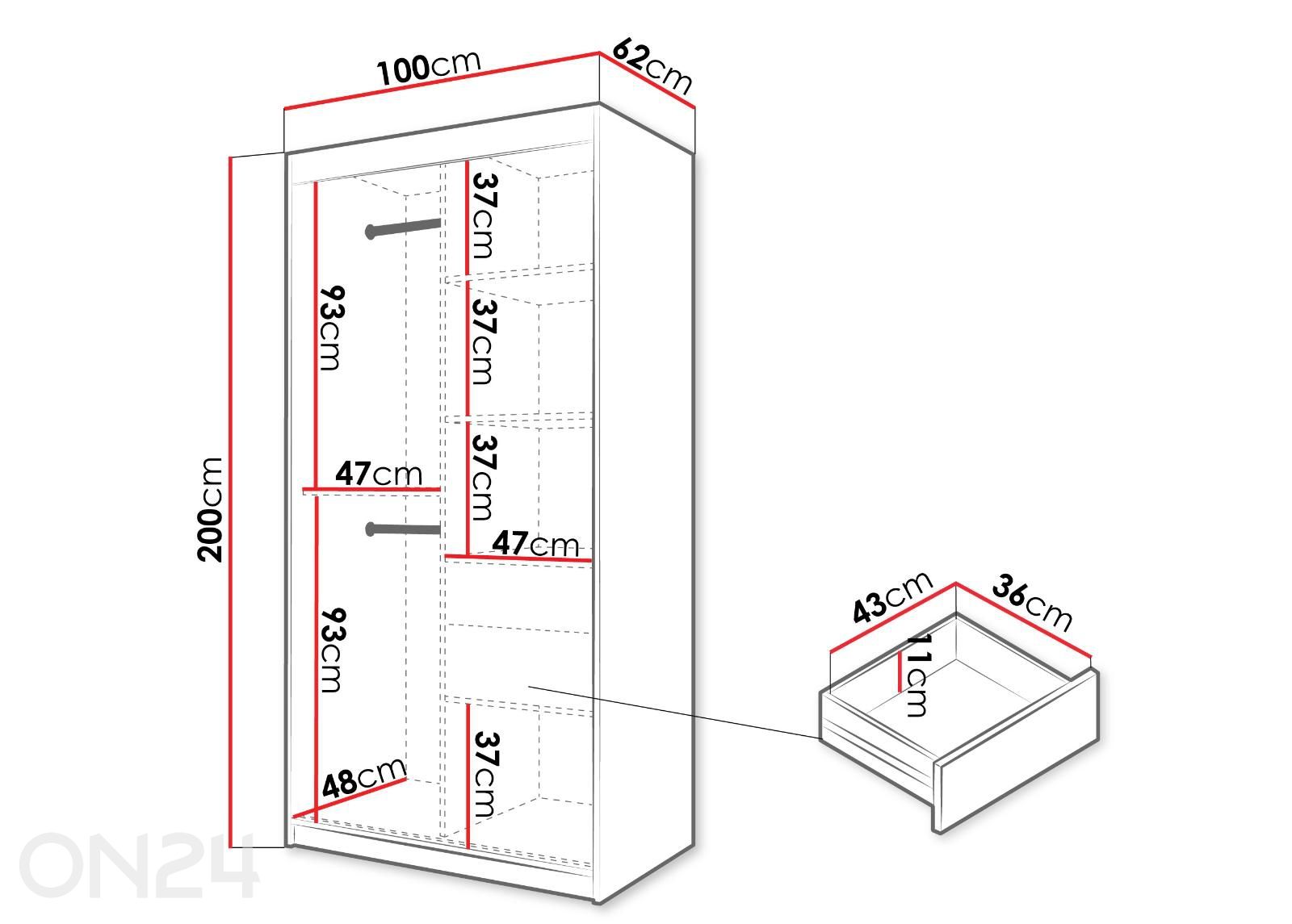 Liukuovellinen vaatekaappi Flutes 100 cm + LED kuvasuurennos mitat