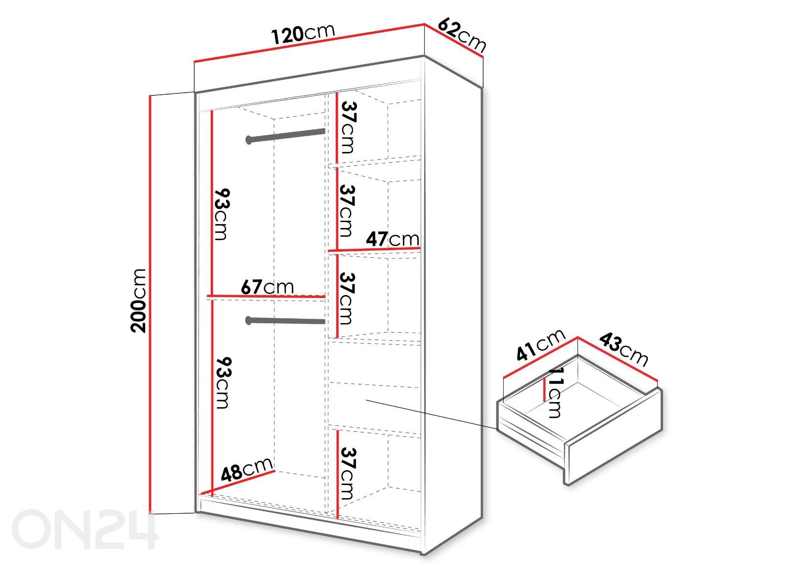 Liukuovellinen vaatekaappi Flutes 120 cm kuvasuurennos mitat
