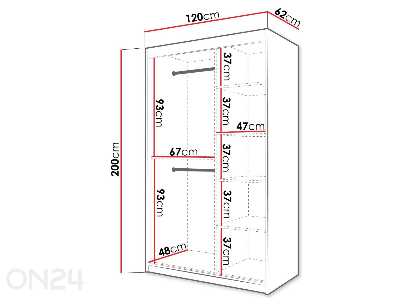 Liukuovellinen vaatekaappi Flutes 120 cm + LED kuvasuurennos mitat