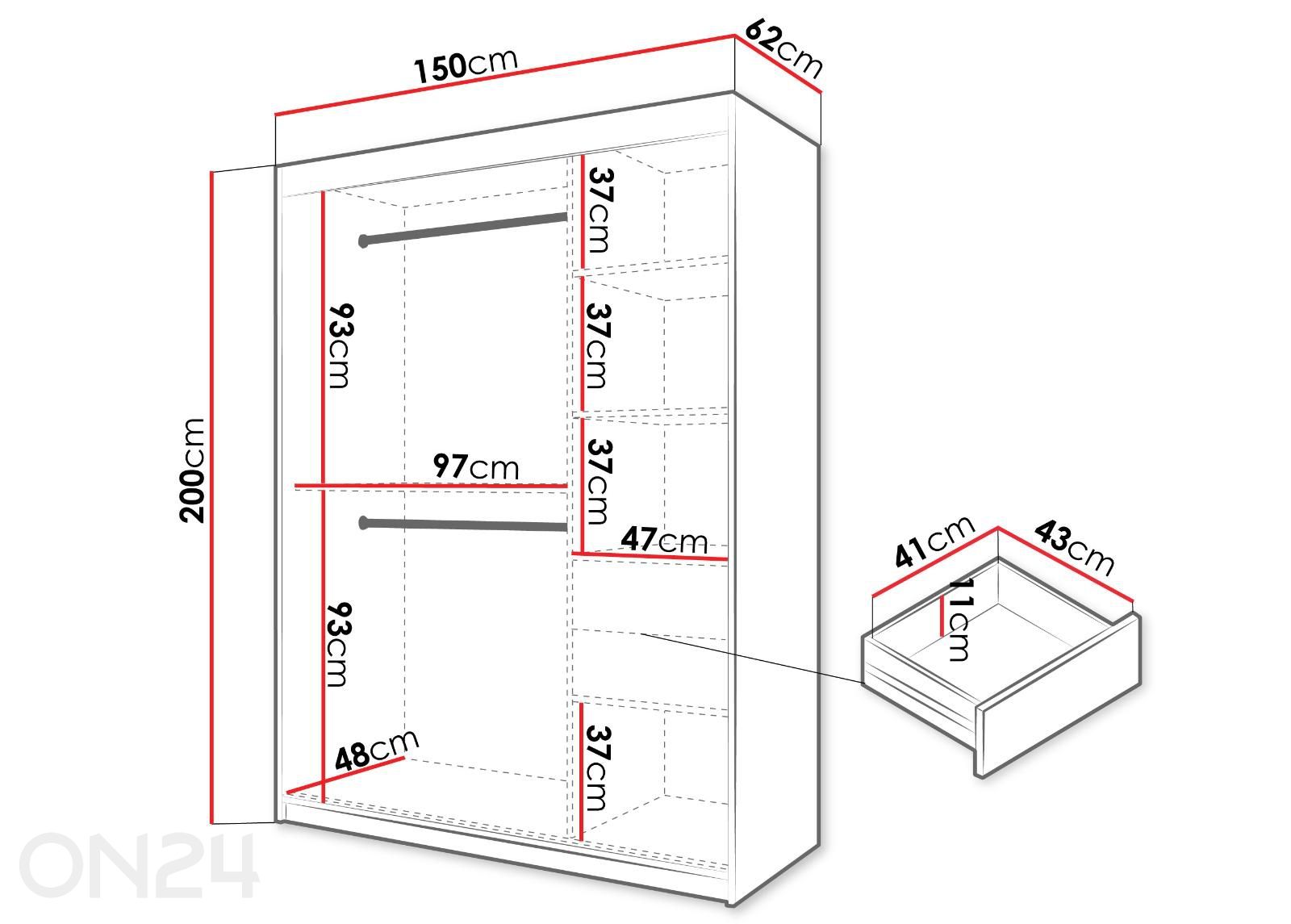 Liukuovellinen vaatekaappi Flutes 150 cm + LED kuvasuurennos mitat