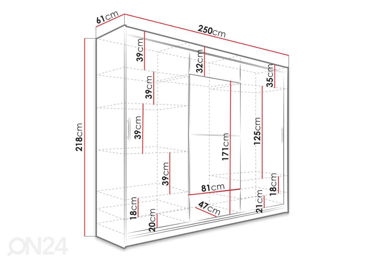 Liukuovikaappi 1 250 cm kuvasuurennos mitat