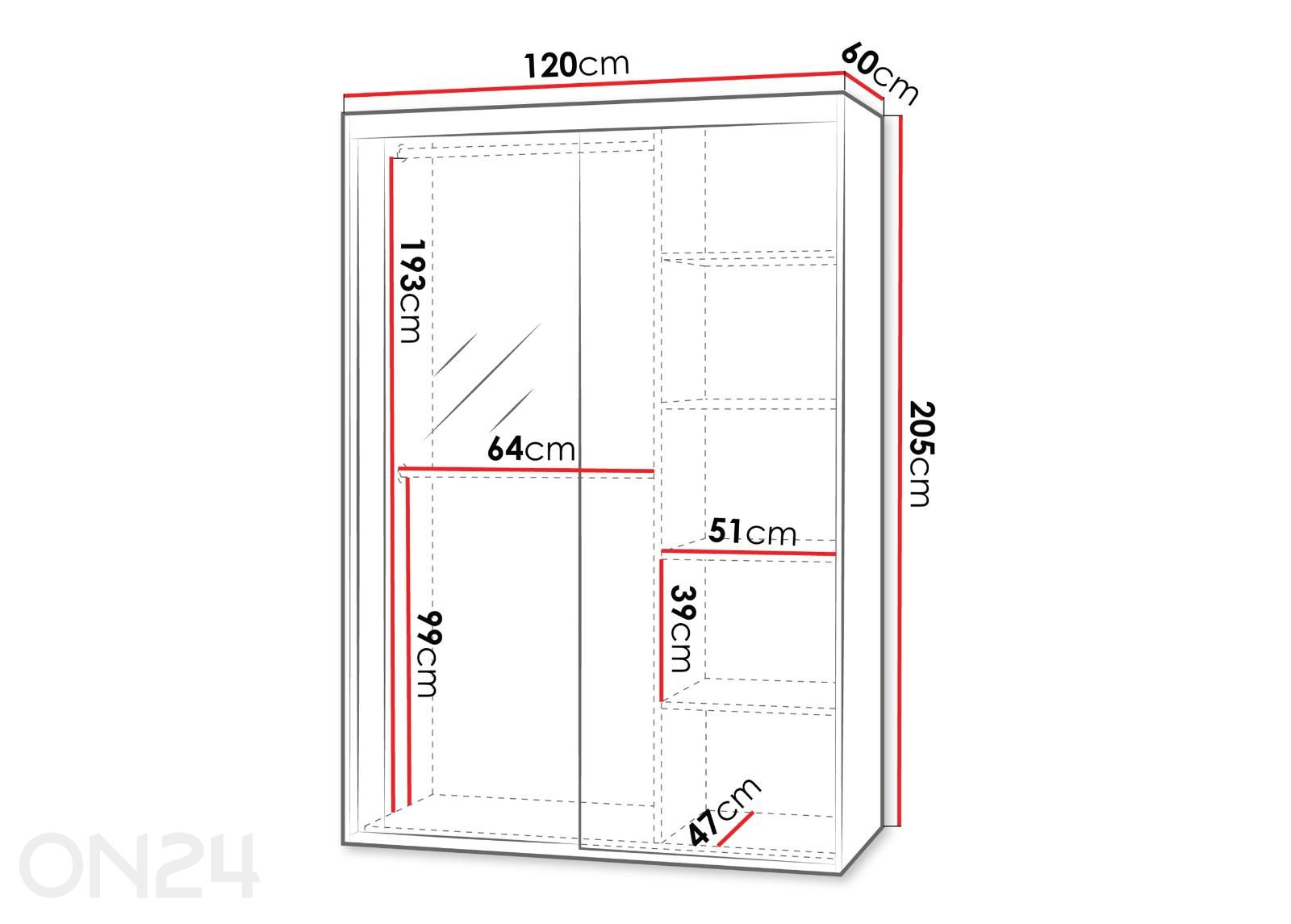 Liukuovikaappi 120 cm kuvasuurennos mitat