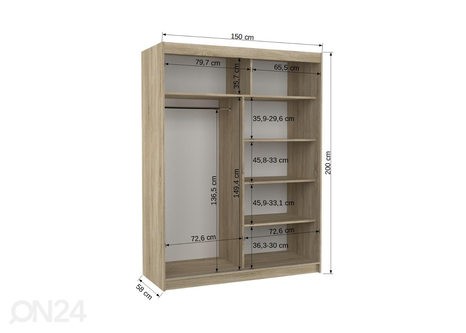 Liukuovikaappi 150 cm kuvasuurennos mitat