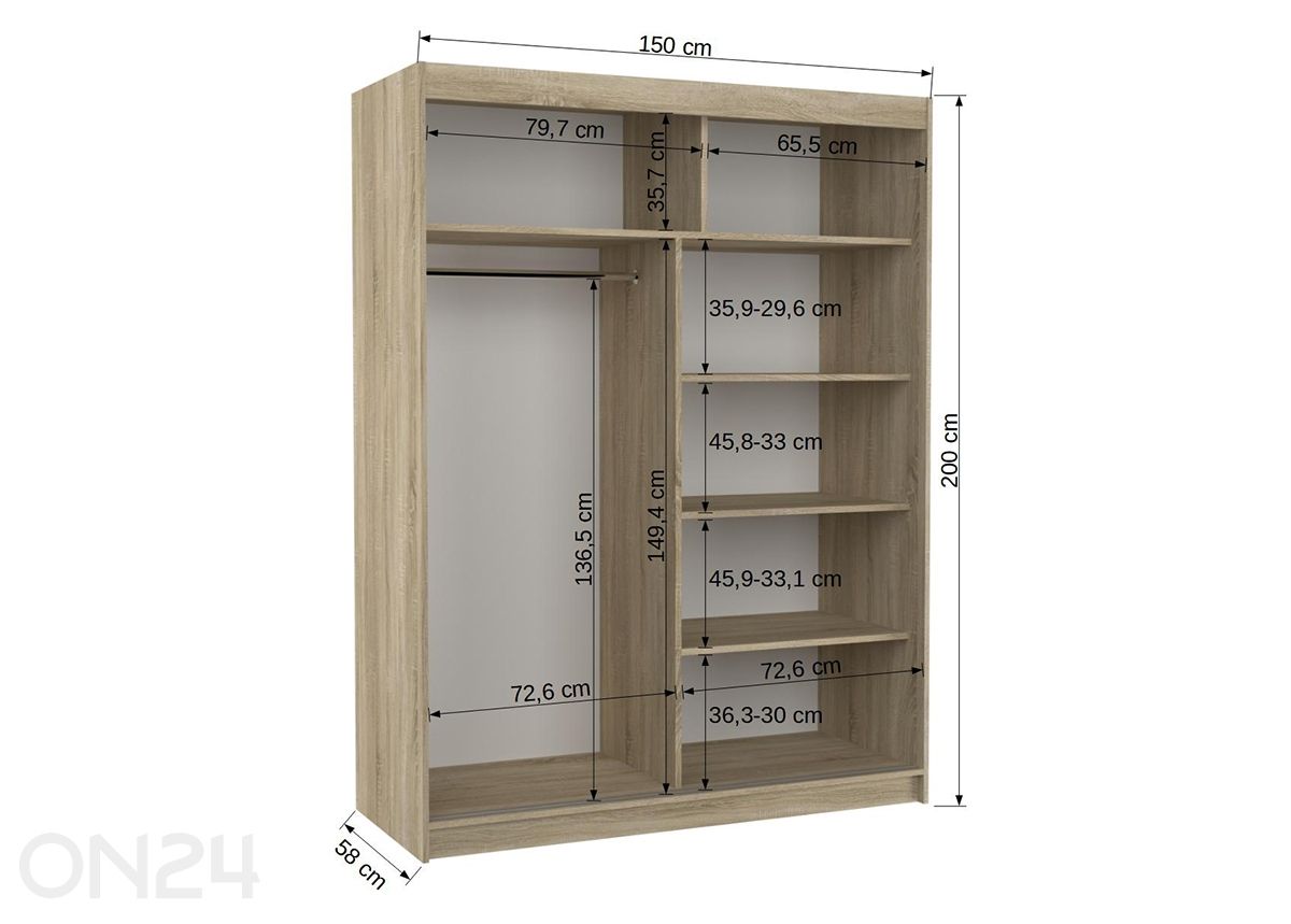Liukuovikaappi 150 cm kuvasuurennos mitat