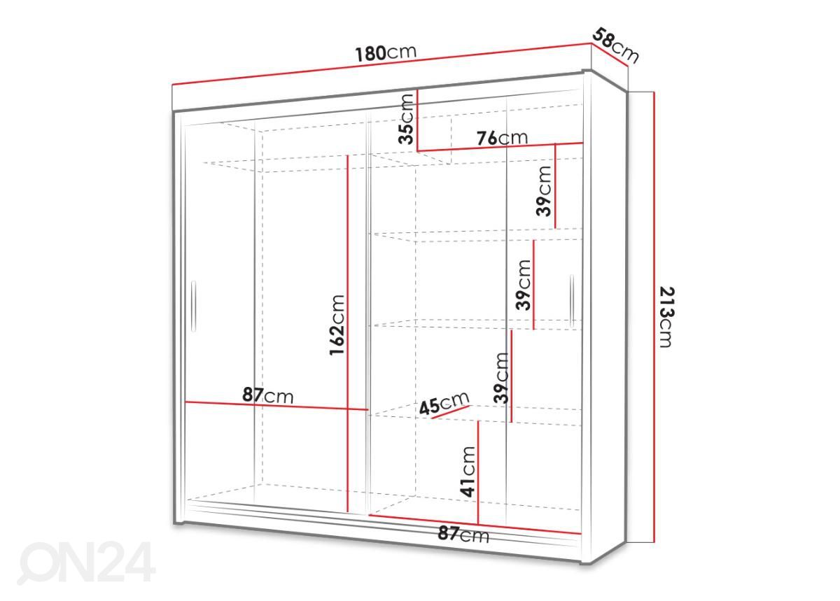 Liukuovikaappi 180 cm + LED kuvasuurennos mitat