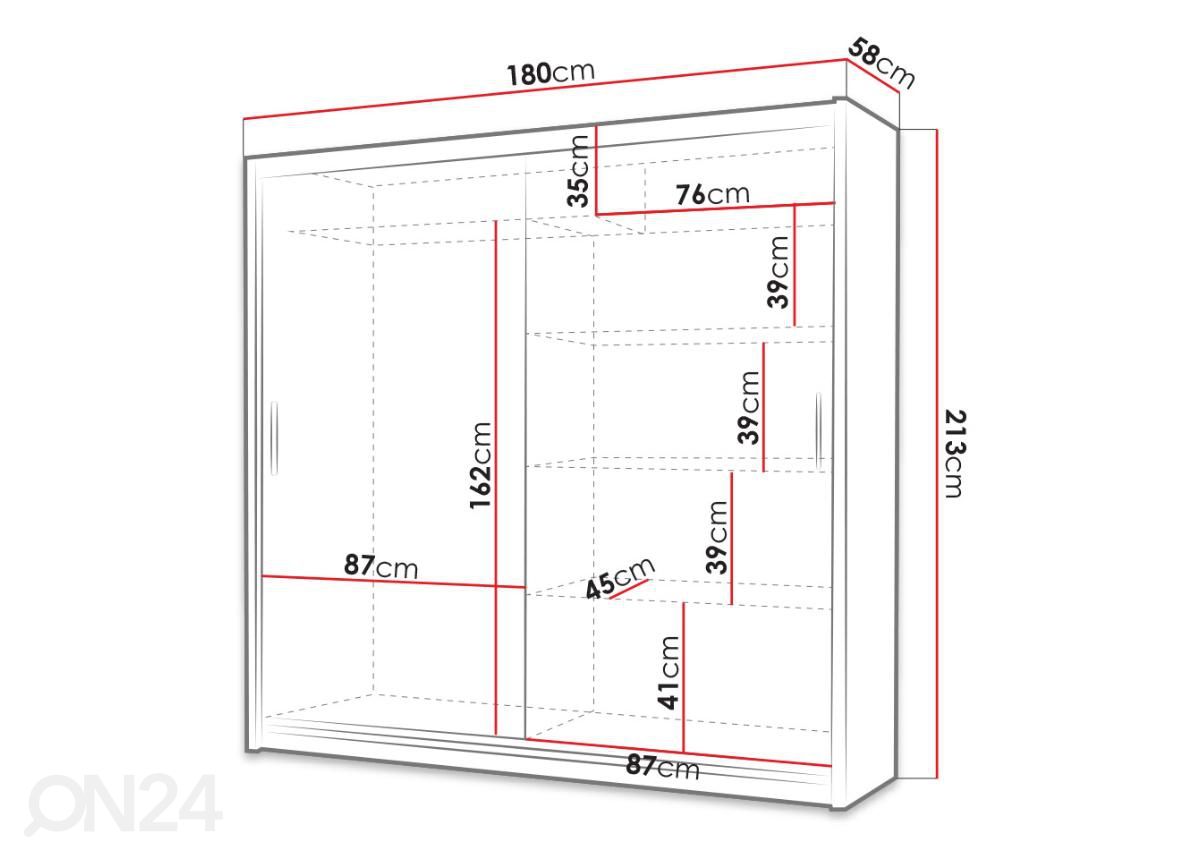 Liukuovikaappi 2 180 cm kuvasuurennos mitat