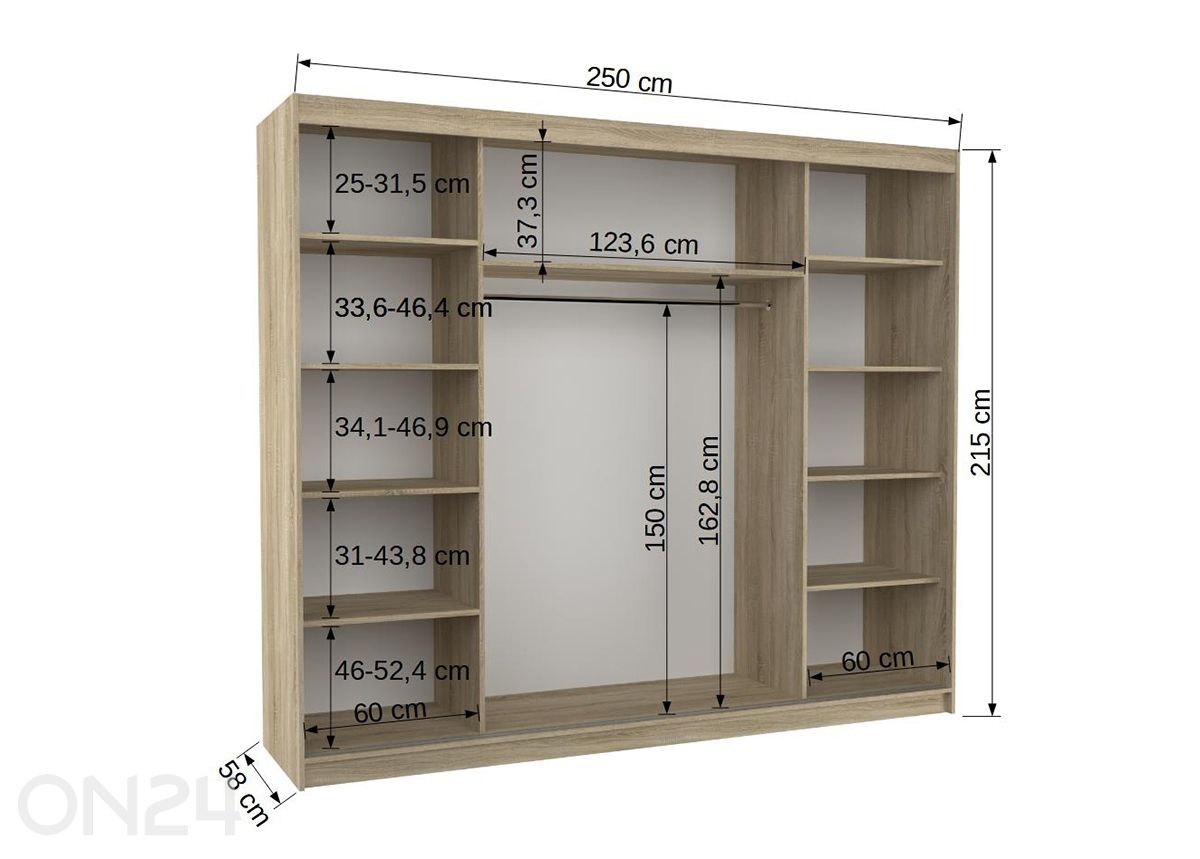 Liukuovikaappi 250 cm kuvasuurennos mitat