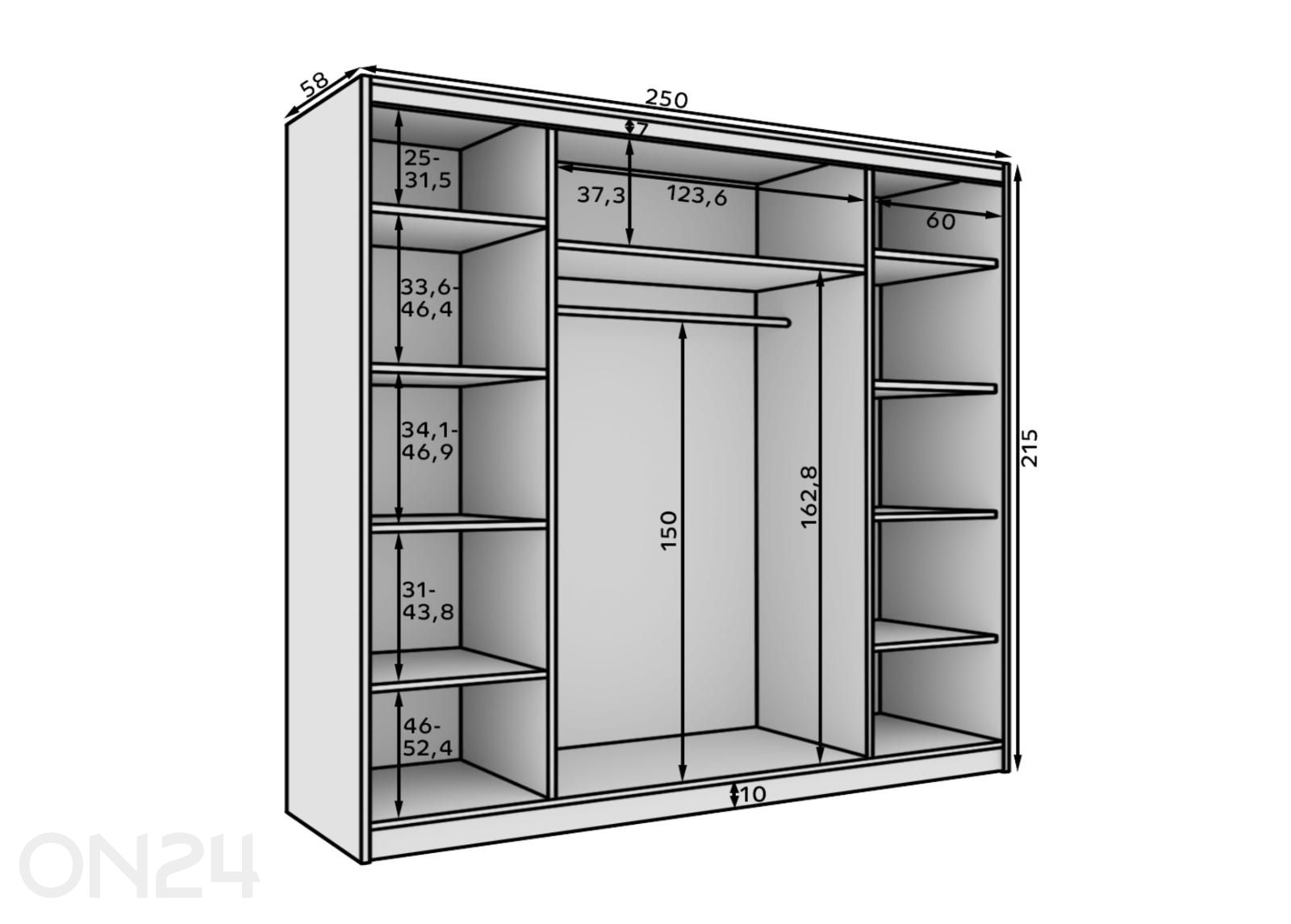 Liukuovikaappi Andy 250 cm kuvasuurennos mitat