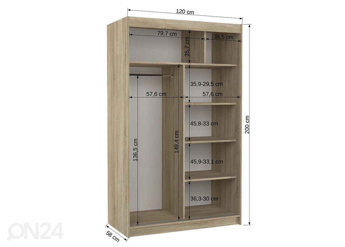 Liukuovikaappi Benisso 120 cm kuvasuurennos mitat