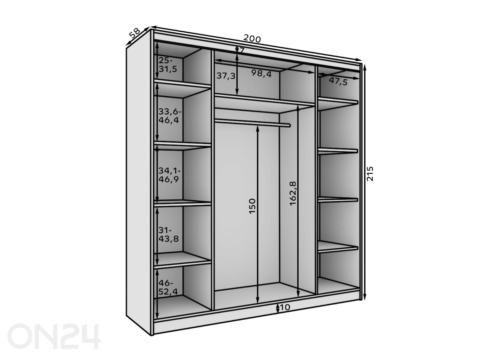 Liukuovikaappi Cannae 200 cm kuvasuurennos mitat