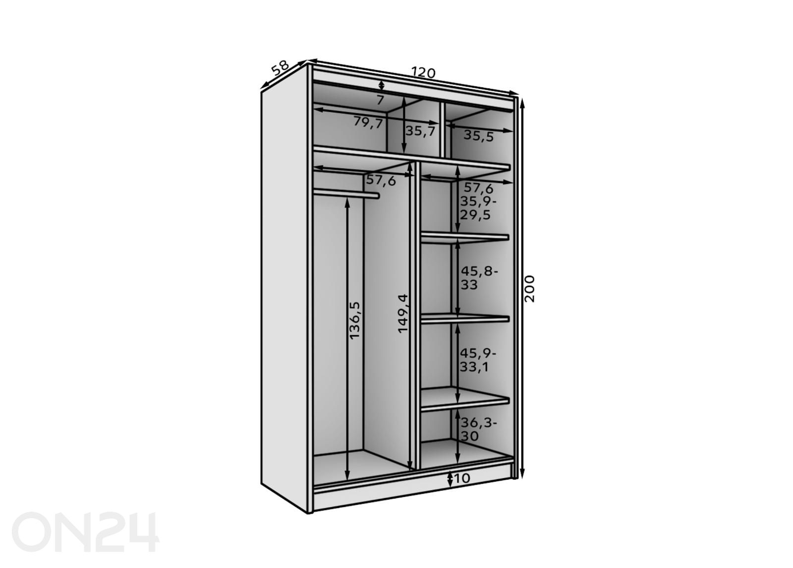 Liukuovikaappi Como 120 cm kuvasuurennos mitat