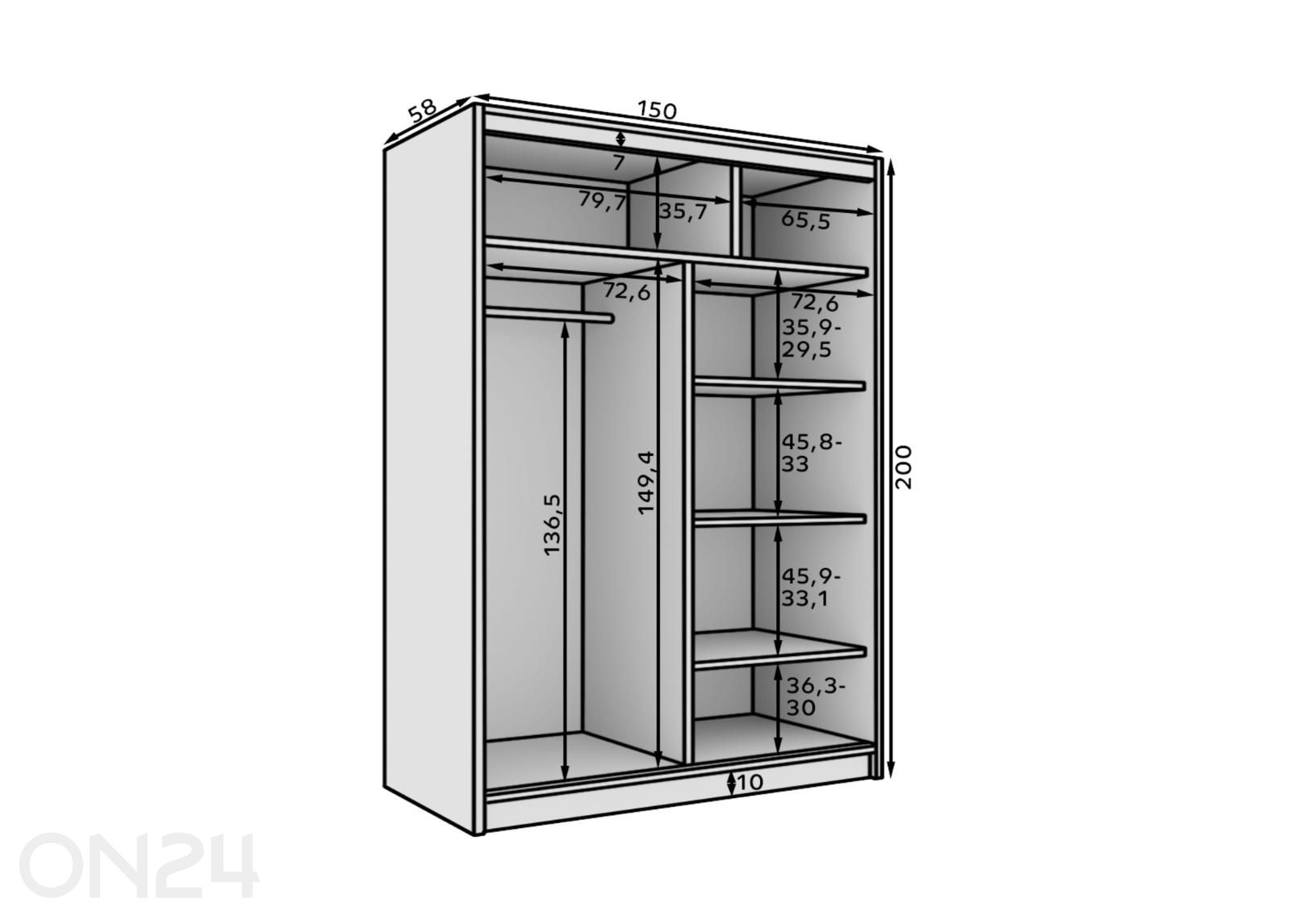 Liukuovikaappi Cuneo 150 cm kuvasuurennos mitat