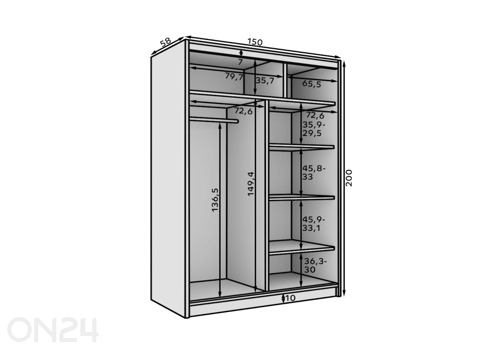 Liukuovikaappi Cuneo I 150 cm kuvasuurennos mitat
