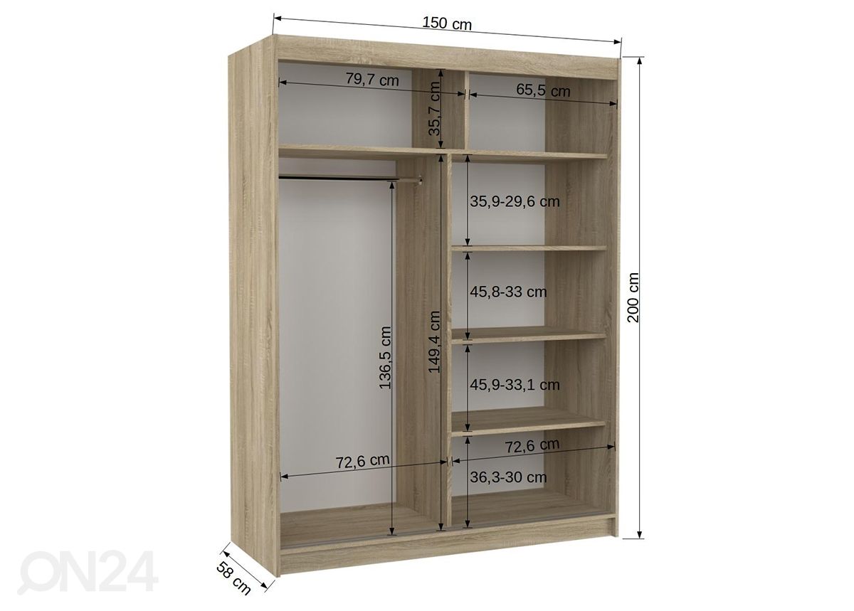 Liukuovikaappi Denver 150 cm kuvasuurennos mitat