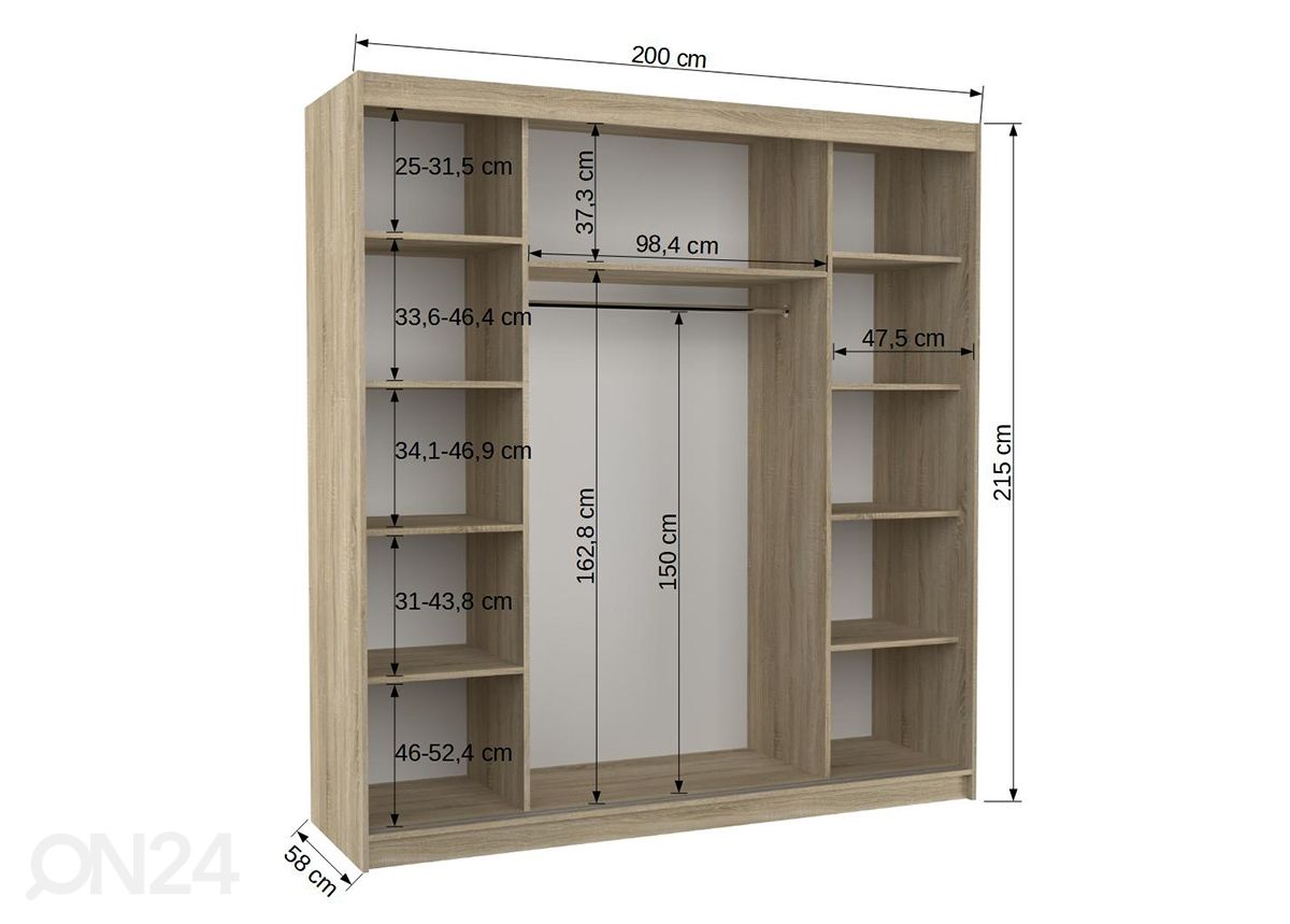 Liukuovikaappi Erika 200 cm kuvasuurennos mitat