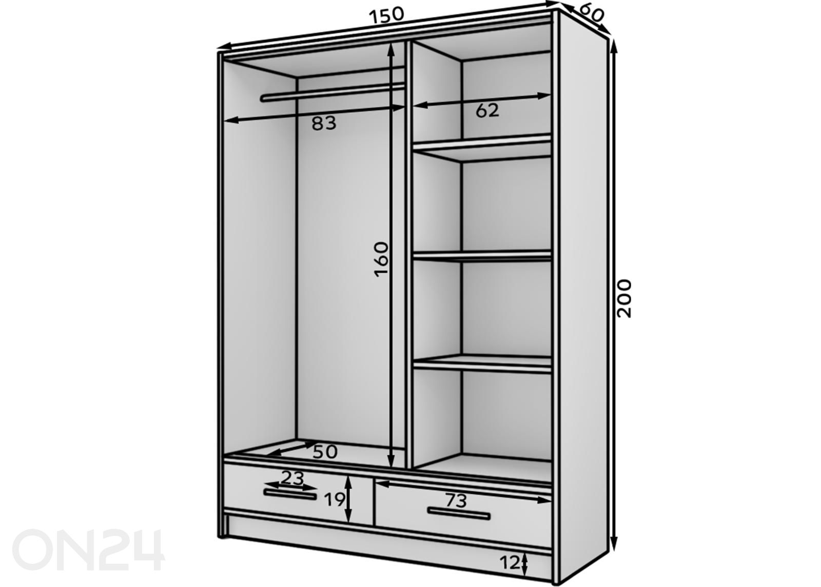 Liukuovikaappi Estantte II 150 cm kuvasuurennos mitat