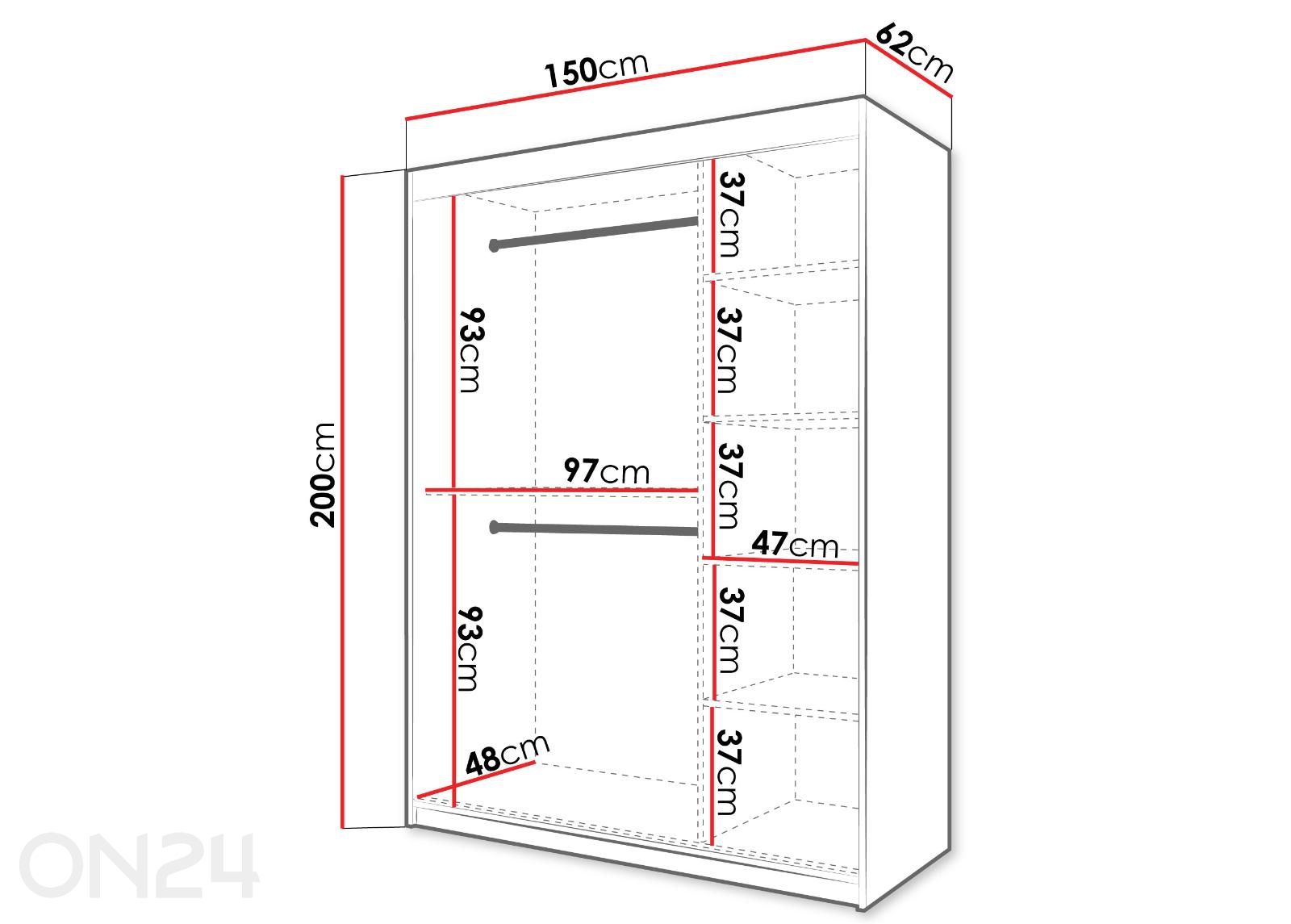 Liukuovikaappi Flutes 150 cm + LED kuvasuurennos mitat