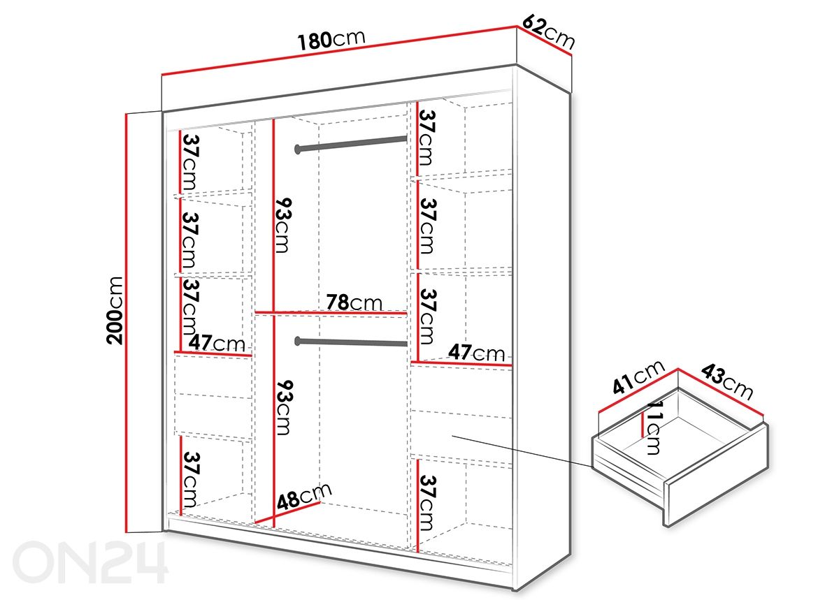 Liukuovikaappi Flutes 180 cm kuvasuurennos mitat