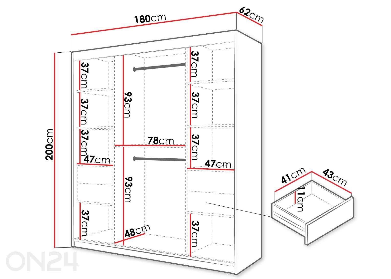 Liukuovikaappi Flutes 180 cm kuvasuurennos mitat