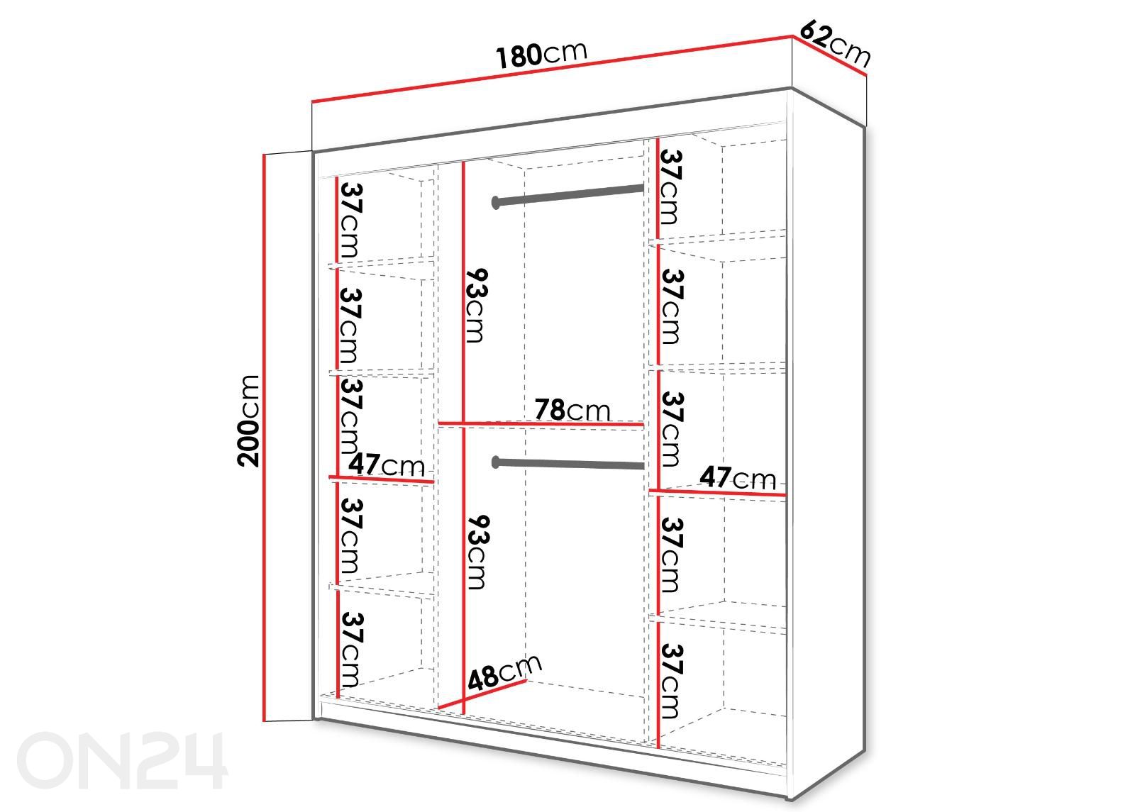 Liukuovikaappi Flutes 180 cm + LED kuvasuurennos mitat