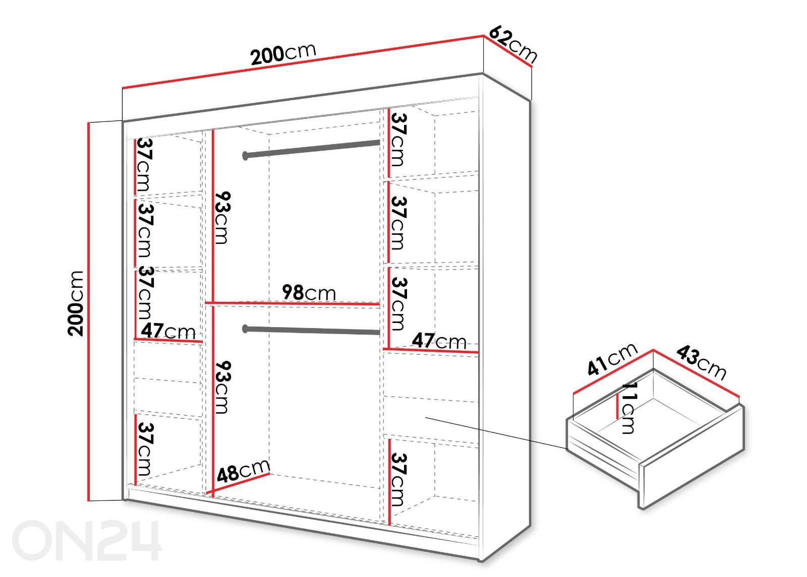 Liukuovikaappi Flutes 200 cm + LED kuvasuurennos mitat
