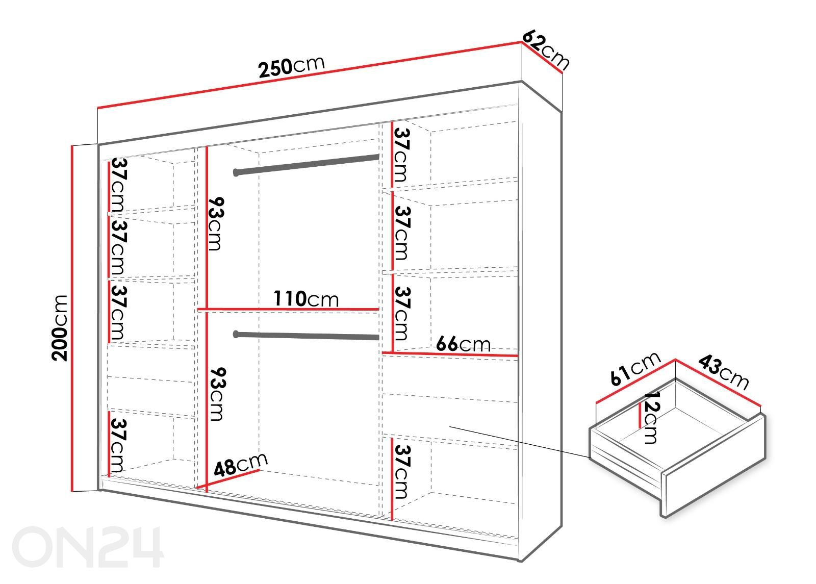 Liukuovikaappi Flutes 250 cm kuvasuurennos mitat