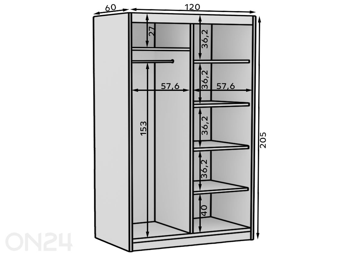Liukuovikaappi Hally 120 cm kuvasuurennos mitat