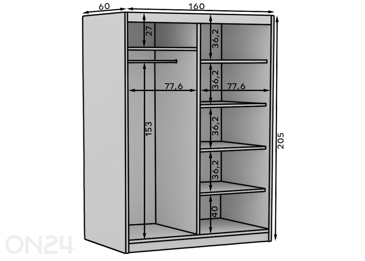 Liukuovikaappi Hally 160 cm kuvasuurennos mitat