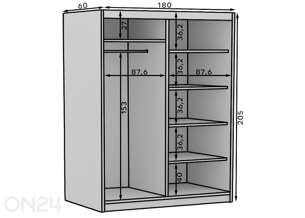 Liukuovikaappi Hally 180 cm kuvasuurennos mitat