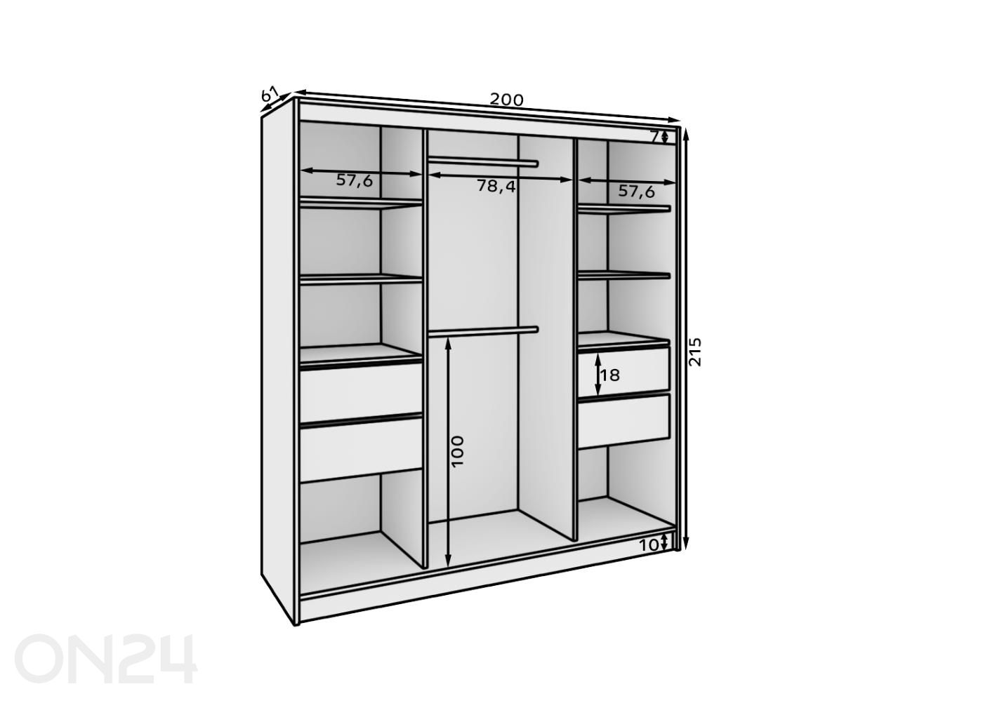 Liukuovikaappi Ida 200 cm kuvasuurennos mitat
