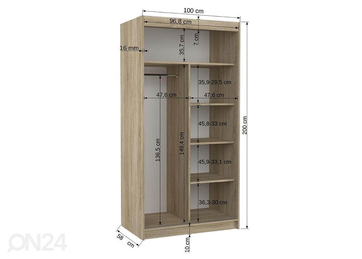 Liukuovikaappi Lara 100 cm kuvasuurennos mitat