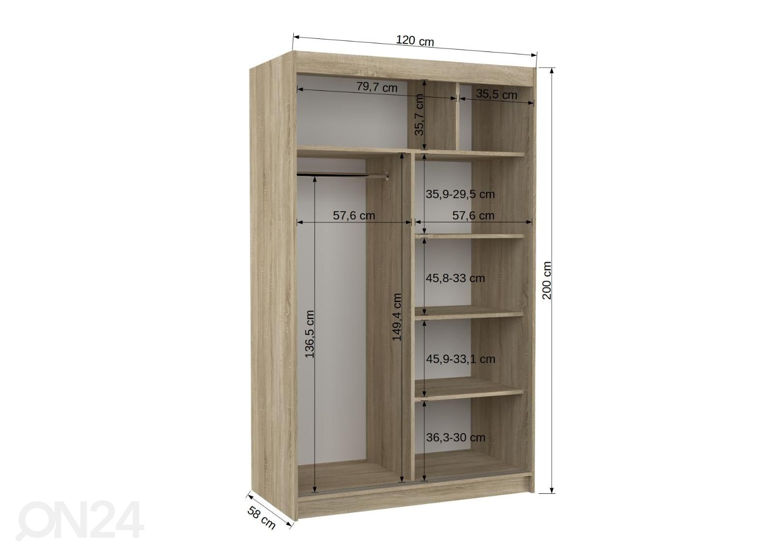 Liukuovikaappi Matlock 120 cm kuvasuurennos mitat