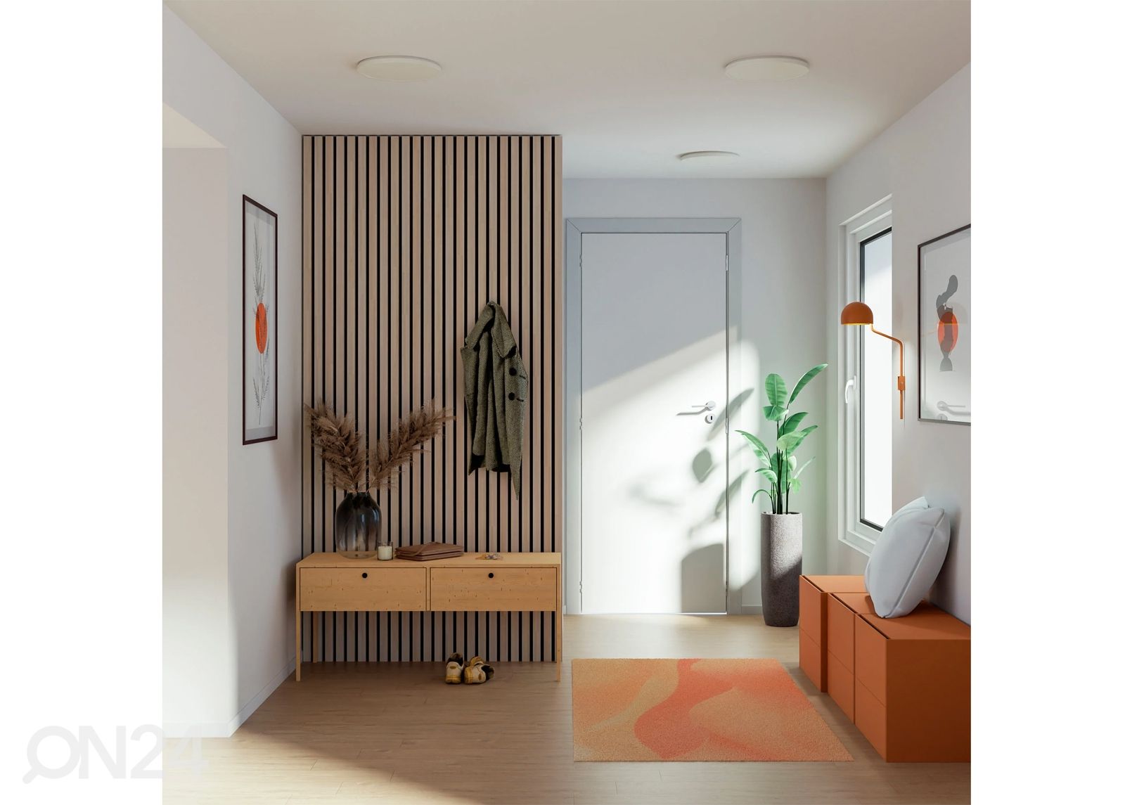 Massiivipuusta valmistettu akustinen seinäpaneeli 240x40 cm kuvasuurennos