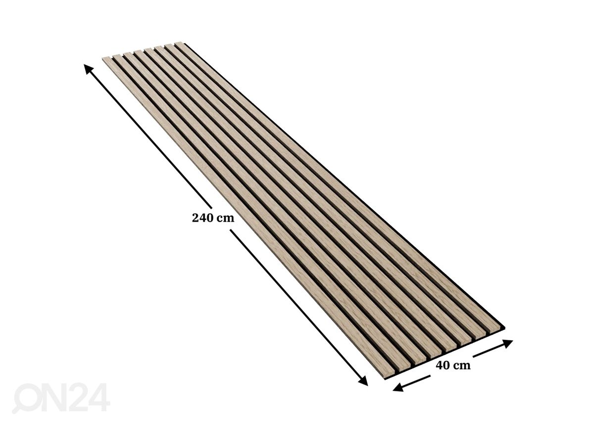 Massiivipuusta valmistettu akustinen seinäpaneeli 240x40 cm kuvasuurennos mitat
