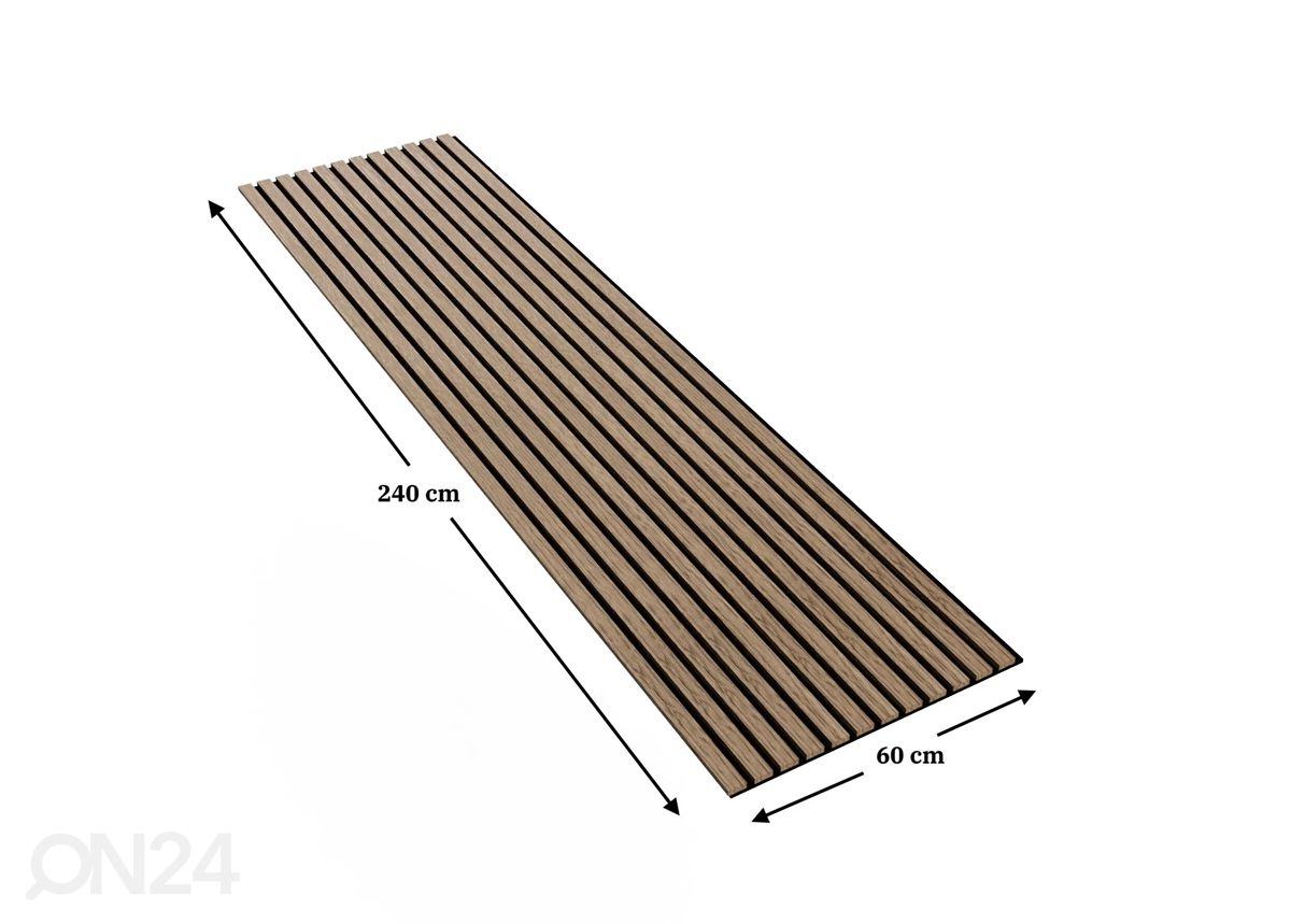 Massiivipuusta valmistettu akustinen seinäpaneeli 240x60 cm kuvasuurennos mitat