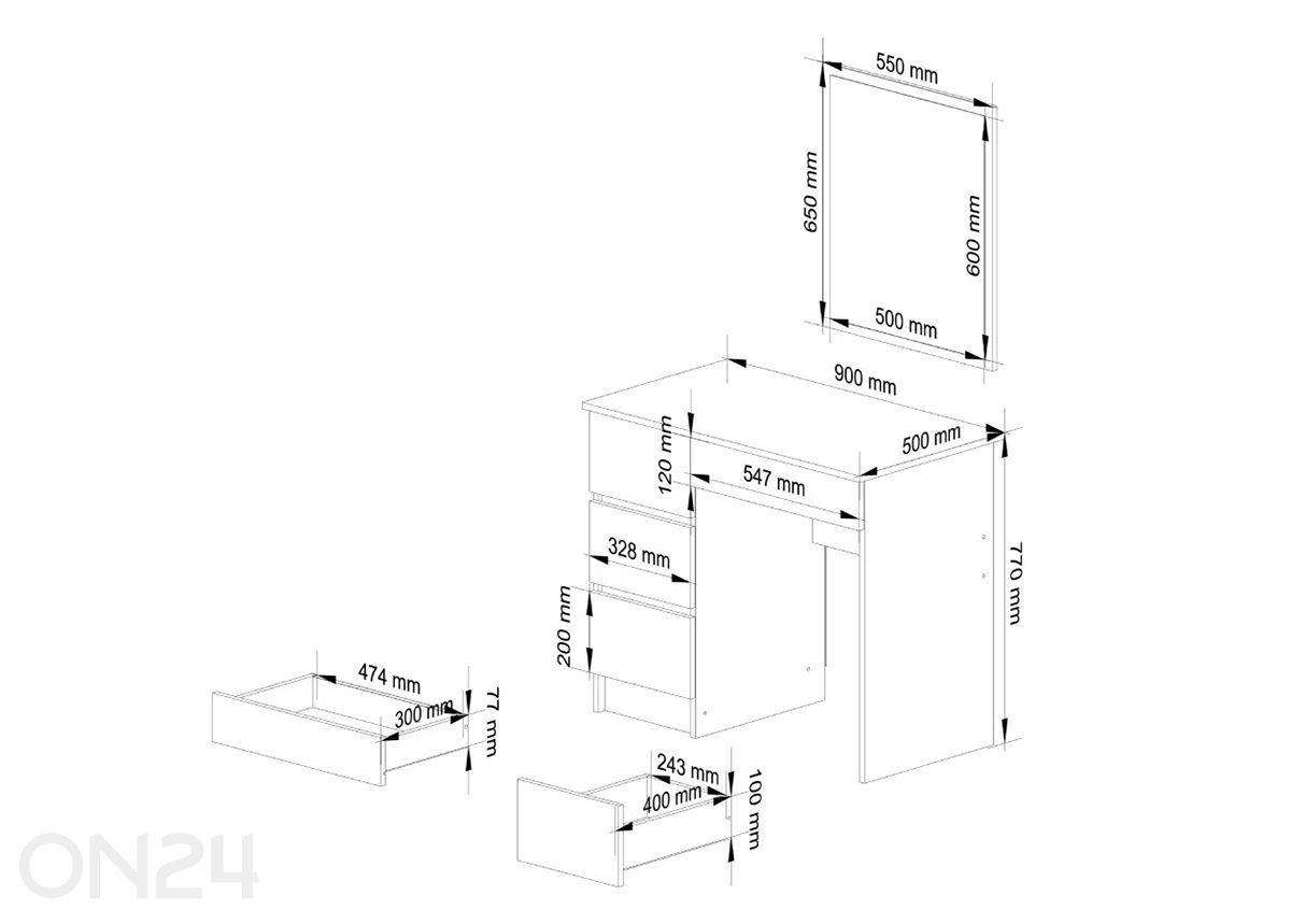 Meikkipöytä peilillä kuvasuurennos mitat