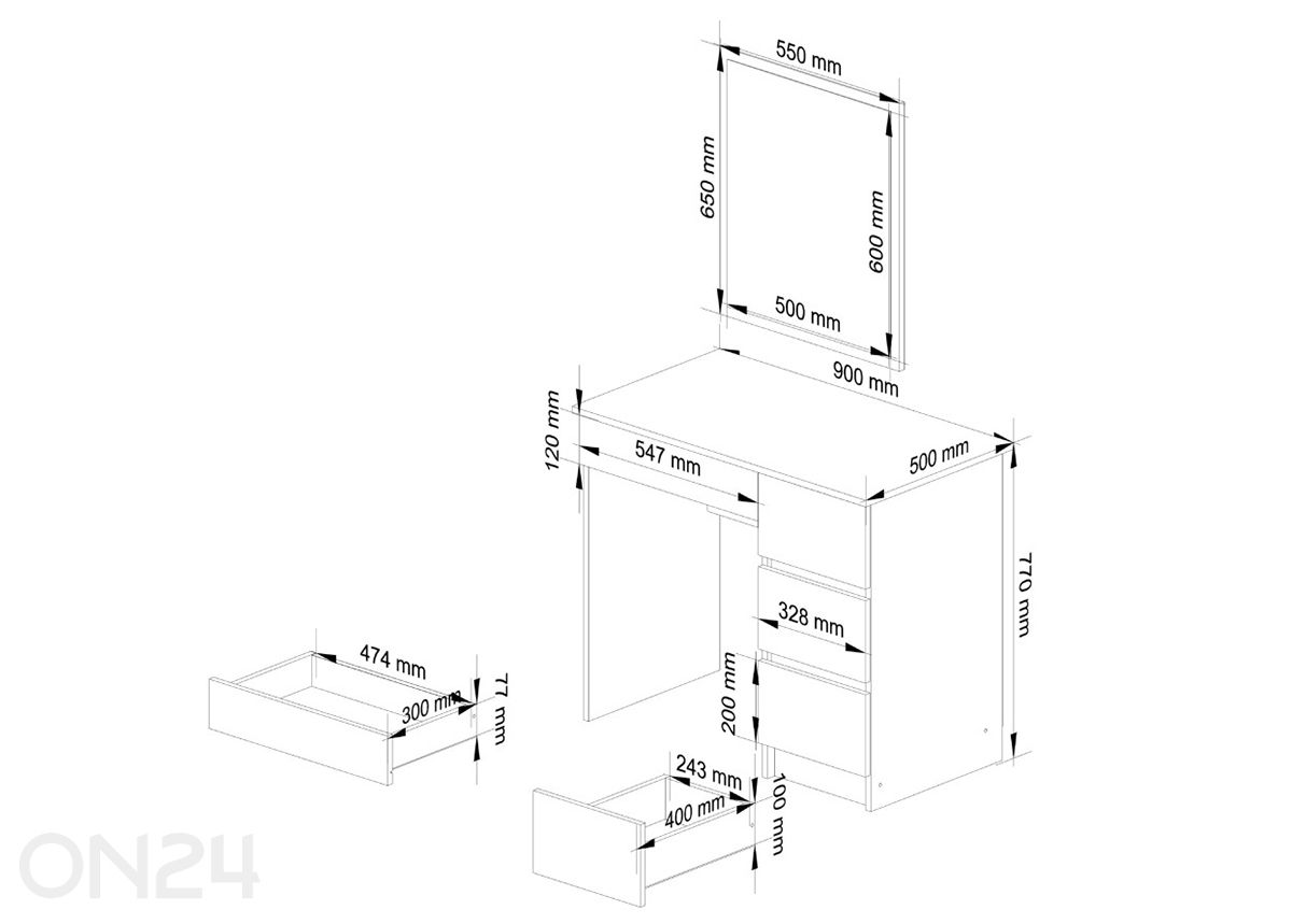 Meikkipöytä peilillä kuvasuurennos mitat
