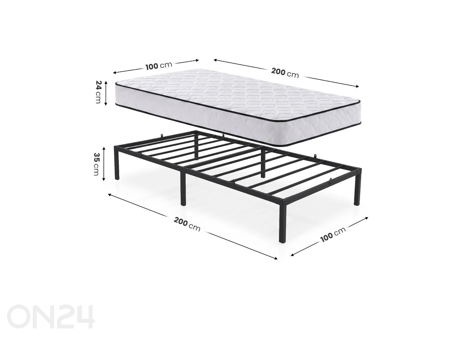 Metallisänky 100x200 cm patjalla kuvasuurennos mitat