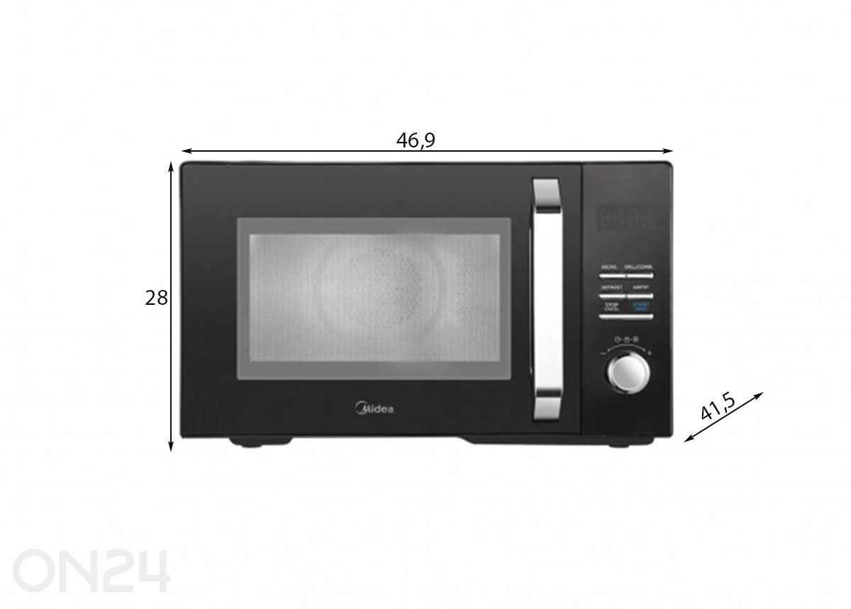 Mikroaaltouuni, jossa grilli‑ ja kiertoilma‑toiminnot, Midea MAC23XF, musta kuvasuurennos mitat