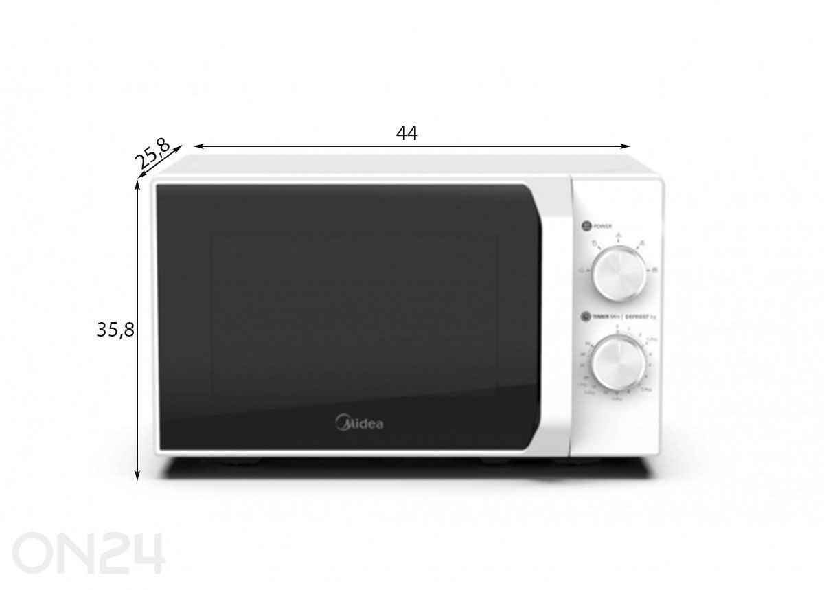 Mikroaaltouuni Midea MM20CF2E, valkoinen kuvasuurennos mitat