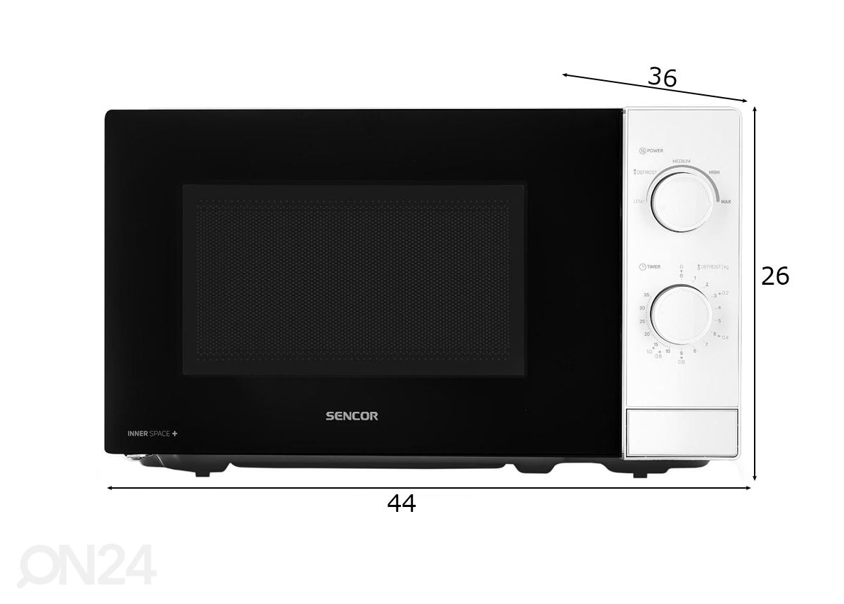 Mikroaaltouuni Sencor SMW0717WH, valkoinen kuvasuurennos mitat